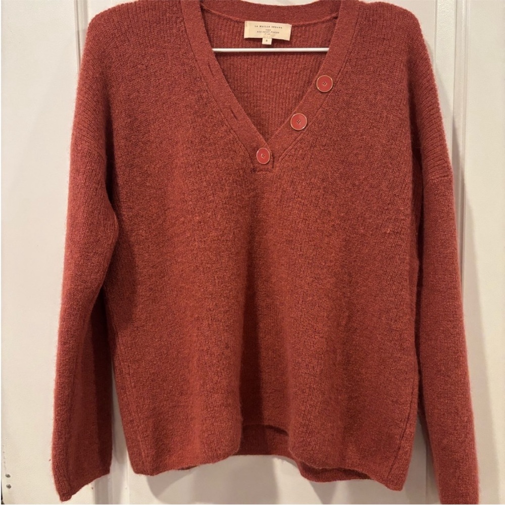 Sezane Rust Red V-neck Button Sweater - Picture 2 of 5